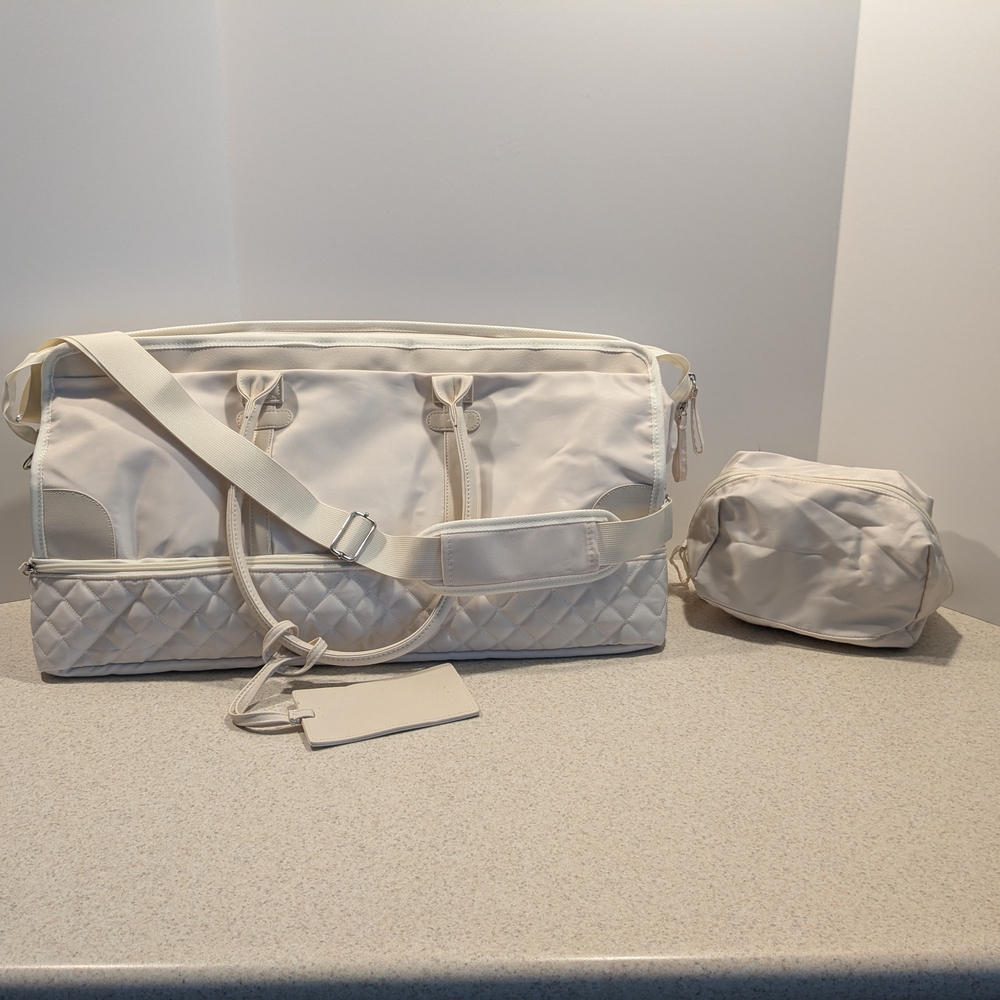 Cream Quilted Duffle Bag with Pouch